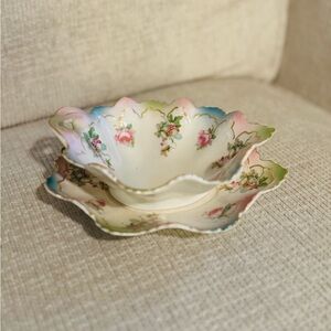 Antique 1884-1909 MZ Moritz Zdekauer Leaf-Shaped, Hand-Painted Bowl with Saucer